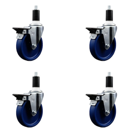 Service Caster 4'' Solid Poly Swivel 1-3/8'' Expanding Stem Caster Set with Brake, 4PK SCC-EX20S414-SPUS-PLB-138-4